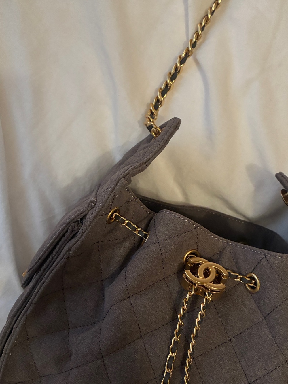 Quilted Gray Suede Shoulder Bag with Gold Chain